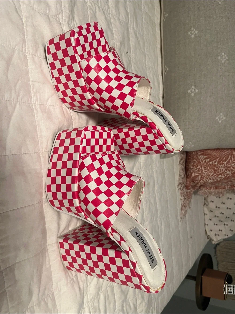 Steve Madden Pink and White Checkered Platform Mules